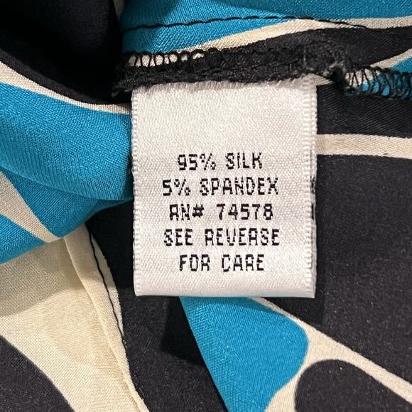 Vtg 90s Y2k Cache Silk Blend Blue Black Artsy Long Sleeve Blouse Cross Front L - Picture 7 of 10